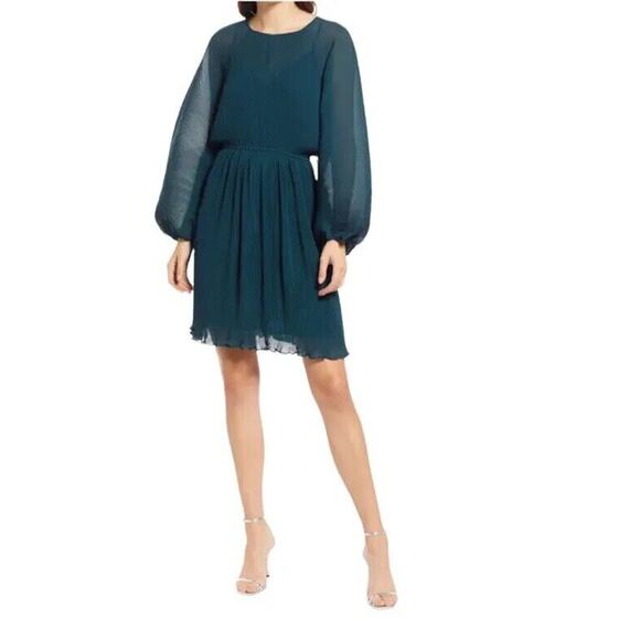 Floret Studios Pleated Balloon Long Sleeve Minidress Hunter Green Size S (b7) - Picture 1 of 5
